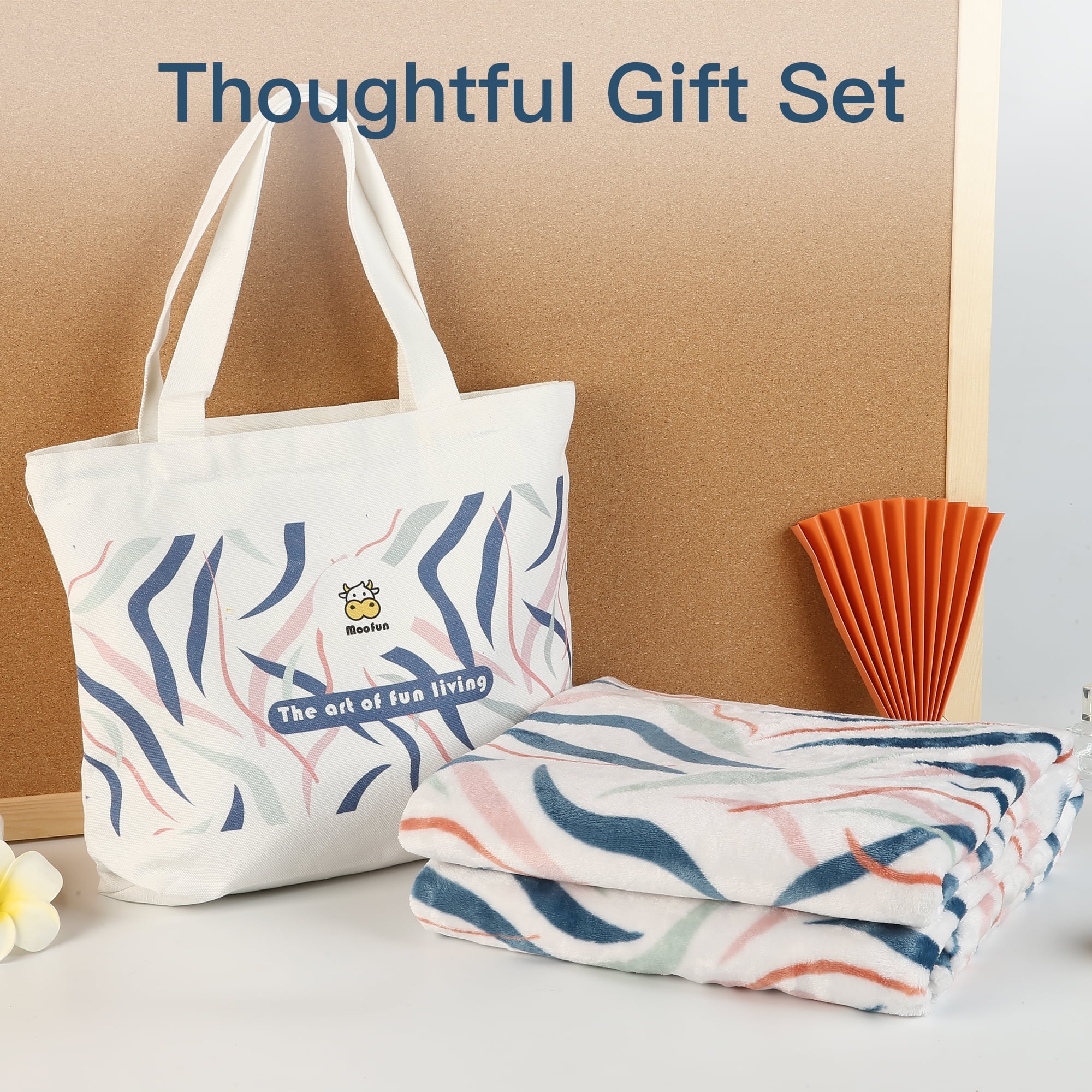 Ivory Fleece Throw Blanket with Canvas Tote Bag Gift Set