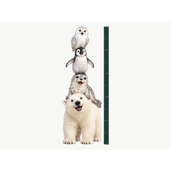 MOOGCO Arctic Animal Growth Chart Wall Decal, Polar Bear Penguin Seal and Snowy Owl Height Ruler, Peel and Stick Matte Vinyl for Nursery and Kids Room, Growth chart 60"H, measures 1 ft to 6 ft