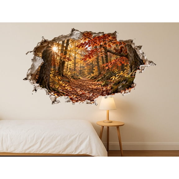MOOGCO Autumn Forest 3D Wall Sticker, Peel and Stick Woodland Hole in the Wall Decal With Maple Trees and Red Squirrel, Satin Finish Removable Wall Art, 24"W x 16"H (61 x 41 cm)