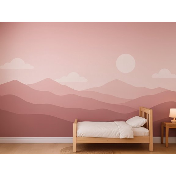 MOOGCO Blush Mountains and Clouds Wallpaper Mural, Peel and Stick Kids Room Wall Mural, Layered Silhouette Landscape Nursery Wallpaper, 40 x 40 in