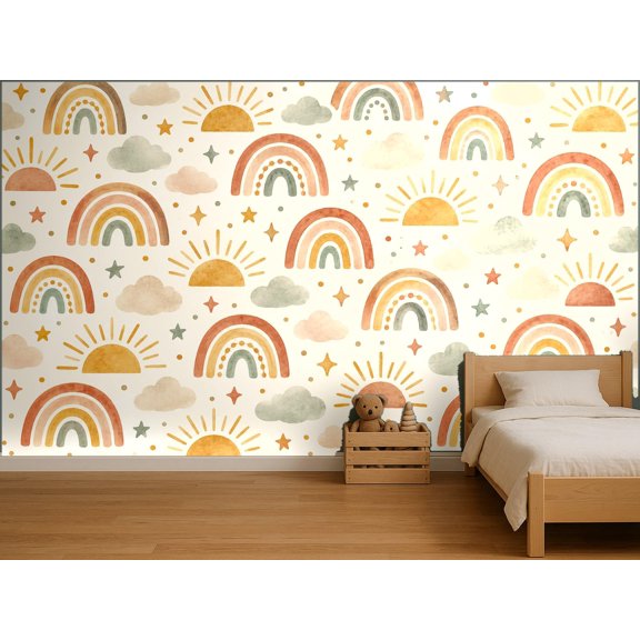 MOOGCO Boho Rainbows Suns Clouds Wallpaper Mural, Peel and Stick Kids Room Wall Mural, Watercolor Nursery Wallpaper Made to Measure, 40 x 40 in
