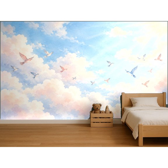 MOOGCO Ceiling Sky Pink Birds Wallpaper Mural, Peel and Stick Kids Room Wall Mural, Watercolor Nursery Wallpaper Made to Measure, 90 x 60 in