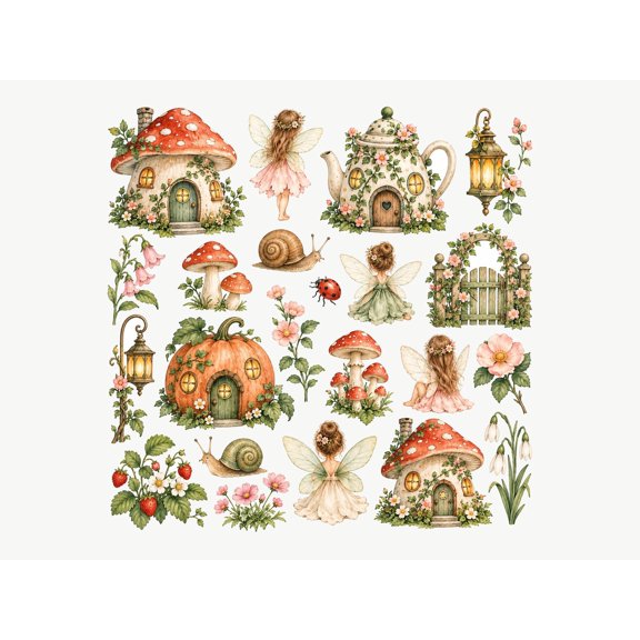 MOOGCO Fairy Cottage Wall Decals, Set of 23 Peel and Stick Nursery Wall Stickers, Satin Finish Removable Kids Room Wall Art, 59"W x 59"H (150 x 150 cm)