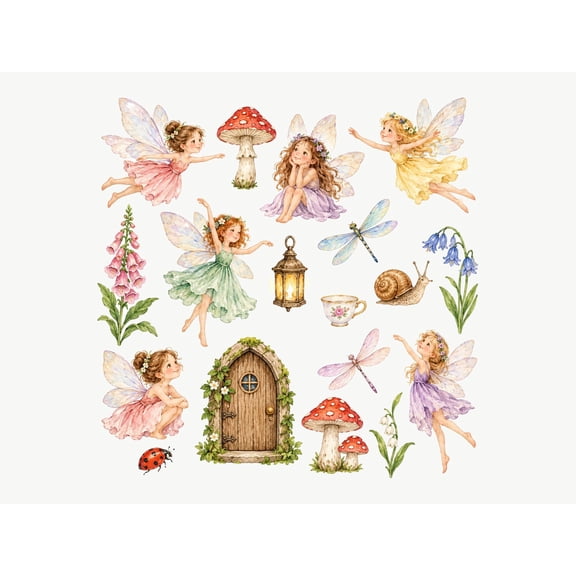 MOOGCO Fairy Garden Wall Decals, Set of 18 Peel and Stick Nursery Wall Stickers, Satin Finish Removable Kids Room Wall Art, 59"W x 59"H (150 x 150 cm)