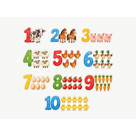 MOOGCO Farm Counting Number Wall Decals, Set of 10 Educational Peel and Stick Wall Stickers, Classroom Playroom Decor, Kids Learning Wall Art, 20"W x 20"H (50 x 50 cm)
