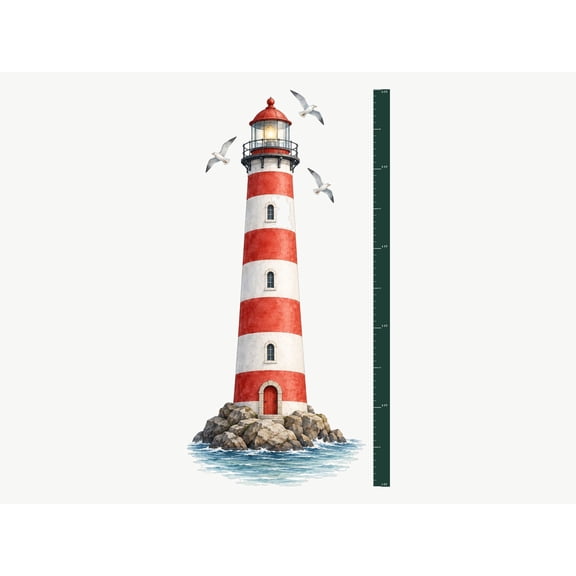 MOOGCO Lighthouse Growth Chart Wall Decal, Peel and Stick Coastal Height Ruler for Kids Room and Nursery, Removable Matte Vinyl, 60 Inch Tall, Growth chart 60"H, measures 1 ft to 6 ft