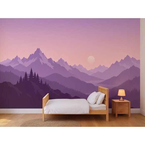 MOOGCO Lilac Sunset Mountains Wallpaper Mural, Peel and Stick Kids Room Wall Mural, Layered Silhouette Landscape Nursery Wallpaper, 80 x 80 in