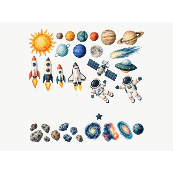 MOOGCO Outer Space Wall Decals, Set of 33 Peel and Stick Nursery Wall Stickers, Satin Finish Removable Kids Room Wall Art, 20"W x 20"H (50 x 50 cm)