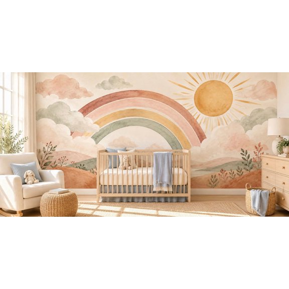 MOOGCO Rainbow Sunshine Clouds Wallpaper Mural, Peel and Stick Kids Room Wall Mural, Watercolor Boho Rainbow Nursery Wallpaper, 60 x 40 in
