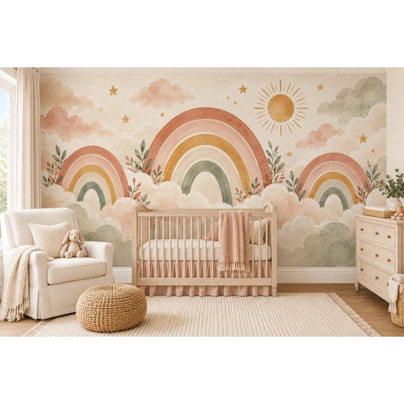 MOOGCO Rainbows on Clouds Wallpaper Mural, Peel and Stick Kids Room Wall Mural, Watercolor Boho Rainbow Nursery Wallpaper, 60 x 40 in