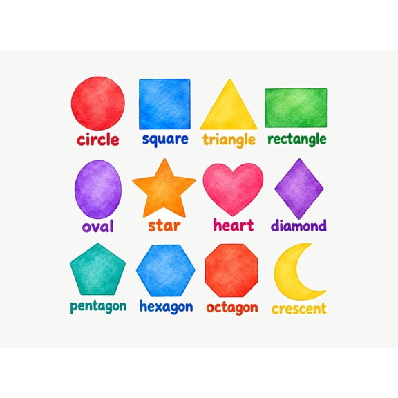 MOOGCO Shapes With Names Wall Decals, Set of 12 Educational Peel and Stick Wall Stickers, Classroom Playroom Decor, Kids Learning Wall Art, 20"W x 20"H (50 x 50 cm)