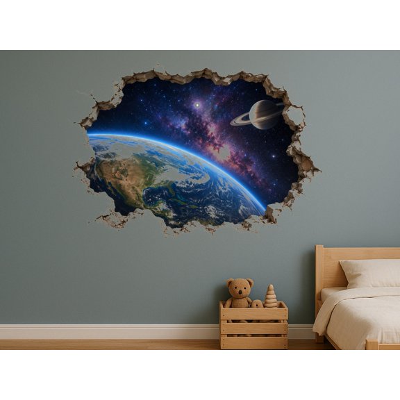 MOOGCO Space Window 3D Wall Sticker, Peel and Stick Galaxy Wall Decal with Earth, Saturn and Milky Way, Satin Finish Mural for Bedroom Nursery Playroom, 80"W x 53"H (203 x 135 cm)