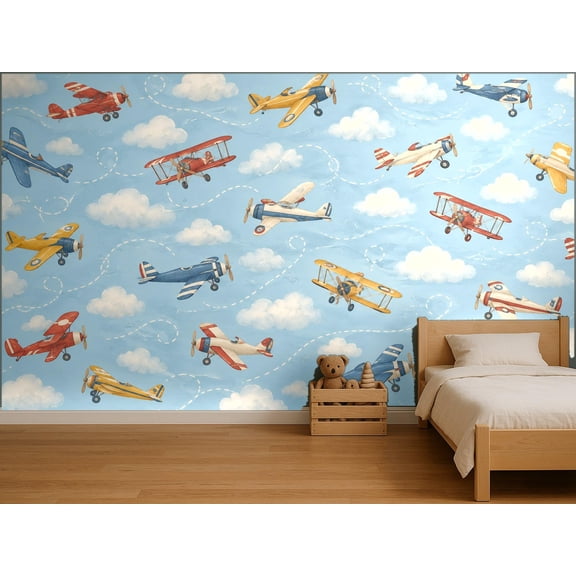MOOGCO Vintage Airplanes Clouds Wallpaper Mural, Peel and Stick Kids Room Wall Mural, Watercolor Nursery Wallpaper Made to Measure, 40 x 40 in