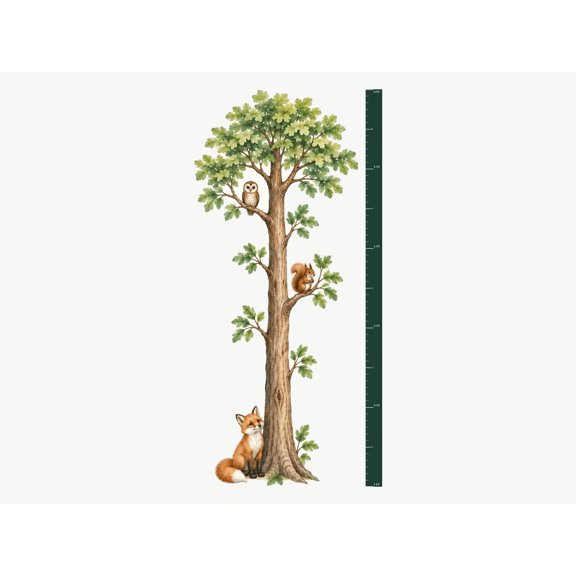 MOOGCO Woodland Tree Growth Chart Wall Decal with Owl Fox and Squirrel - Peel and Stick Matte Vinyl Height Ruler for Nursery and Kids Room, Growth chart 60"H, measures 1 ft to 6 ft