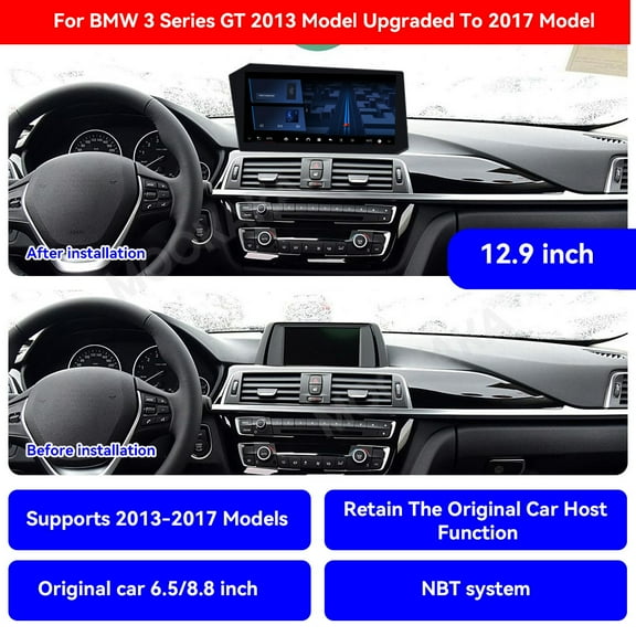 MOOKAKA 12.9" Smart Display Car Radio Audio Media Player for BMW 3 Series GT 2013-2017 Model Universal Navigation GPS Upgrade Headunit Android Replacement HD Screen Carplay Accessories