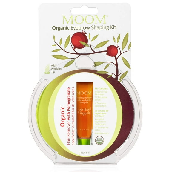 MOOM Organic Eyebrow Waxing Kit with Pomegranate Oil & Chamomile - Natural Sugar Hair Removal Glaze with 12 Reusable Strips & 4 Applicators for Sculpting 0.6 Oz