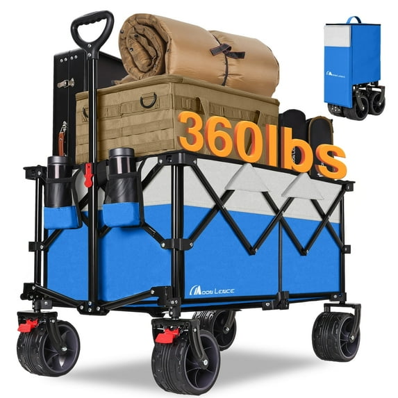 Moon Lence Big Capacity Garden Portable Hand Cart with All-Terrain Beach Wheels Collapsible Folding Wagon Cart Heavy Duty Folding, Adjustable Handle & Drink Holders