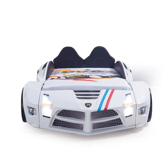 MOON Luxury Twin Race Car Bed with LED Headlights, Engine Sound FX and Remote, Sleek Design for Kids, Fun and Safe Sleep Experience