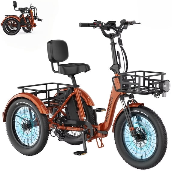 MOONCOOL TK Pro Foldable Electric Tricycle W/ Front & Rear Storage Bag Kit, 1500W Motor 48V 20Ah Battery, 20" Fat Tire Three Wheel 6-Speed Electric Mountain Bicycle for Adults