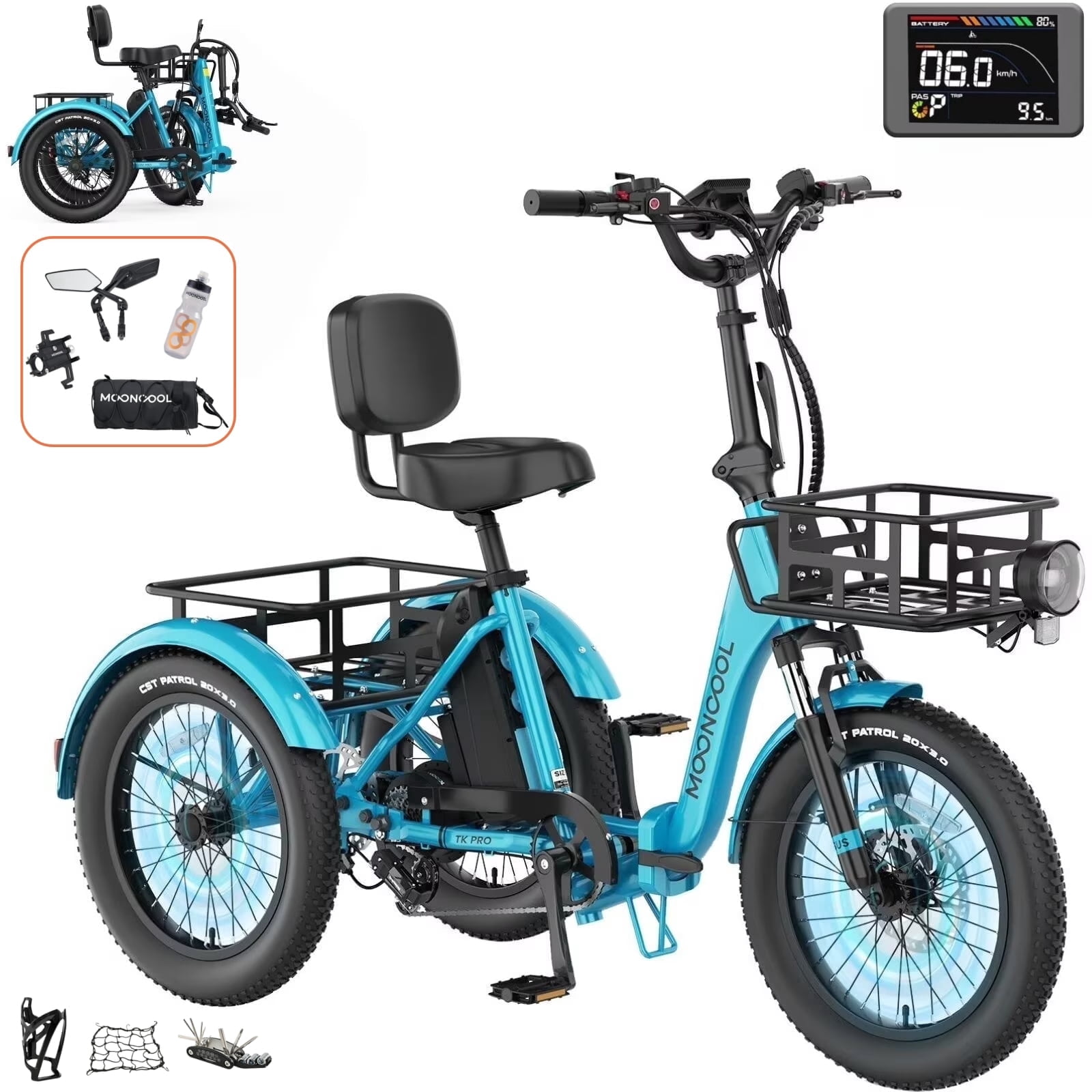 MOONCOOL TK Pro Foldable Electric Tricycle W/ Rearview mirror accessory Kit, 1500W Motor 48V 20Ah Battery, 20" Fat Tire Three Wheel 6-Speed Electric Mountain Bicycle for Adults