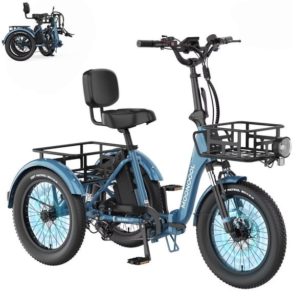 MOONCOOL TK Pro Foldable Electric Tricycle W/ Front & Rear Storage Bag Kit, 1500W Motor 48V 20Ah Battery, 20" Fat Tire Three Wheel 6-Speed Electric Mountain Bicycle for Adults
