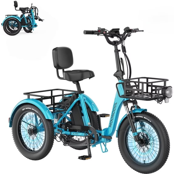 MOONCOOL TK Pro Foldable Electric Tricycle W/ Front & Rear Storage Bag Kit, 1500W Motor 48V 20Ah Battery, 20" Fat Tire Three Wheel 6-Speed Electric Mountain Bicycle for Adults