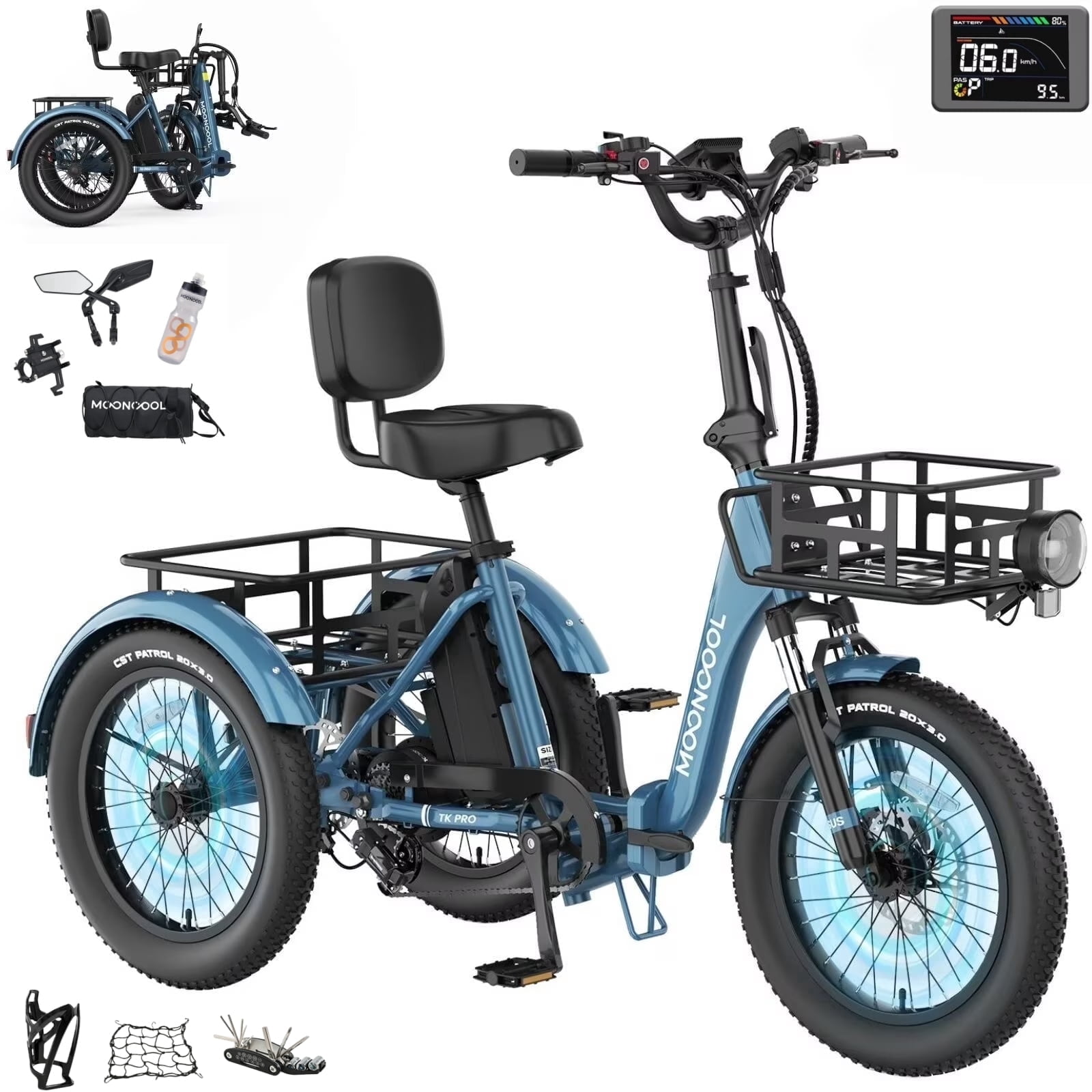 MOONCOOL TK Pro Foldable Electric Tricycle W/ Rearview mirror accessory Kit, 1500W Motor 48V 20Ah Battery, 20" Fat Tire Three Wheel 6-Speed Electric Mountain Bicycle for Adults