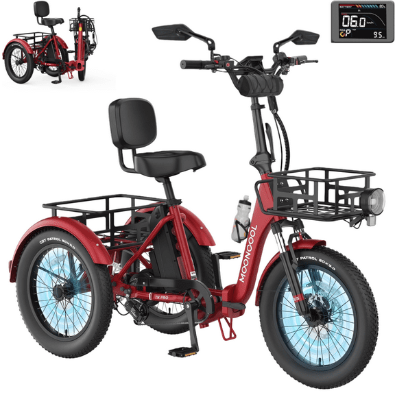MOONCOOL TK Pro Foldable Electric Tricycle W/ Rearview Mirror Accessory Kit, 1500W Motor 48V 20Ah Battery, 20" Fat Tire Three Wheel 6-Speed Electric Mountain Bicycle for Adults, UL2849