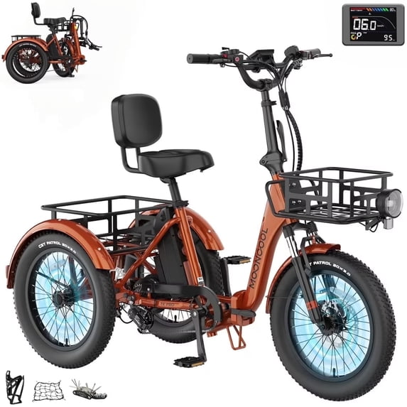 MOONCOOL TK Pro Foldable Electric Tricycle, 1500W Motor 48V 20Ah Battery, 20" Fat Tire Three Wheel 6-Speed Electric Mountain Bicycle for Adults