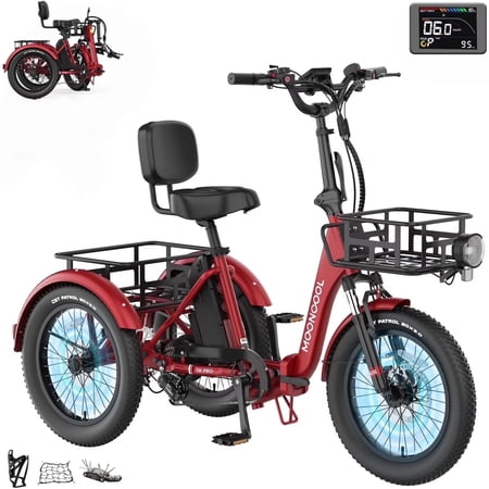 MOONCOOL TK Pro Foldable Electric Tricycle, 1500W Motor 48V 20Ah Battery, 20" Fat Tire Three Wheel 6-Speed Electric Mountain Bicycle for Adults