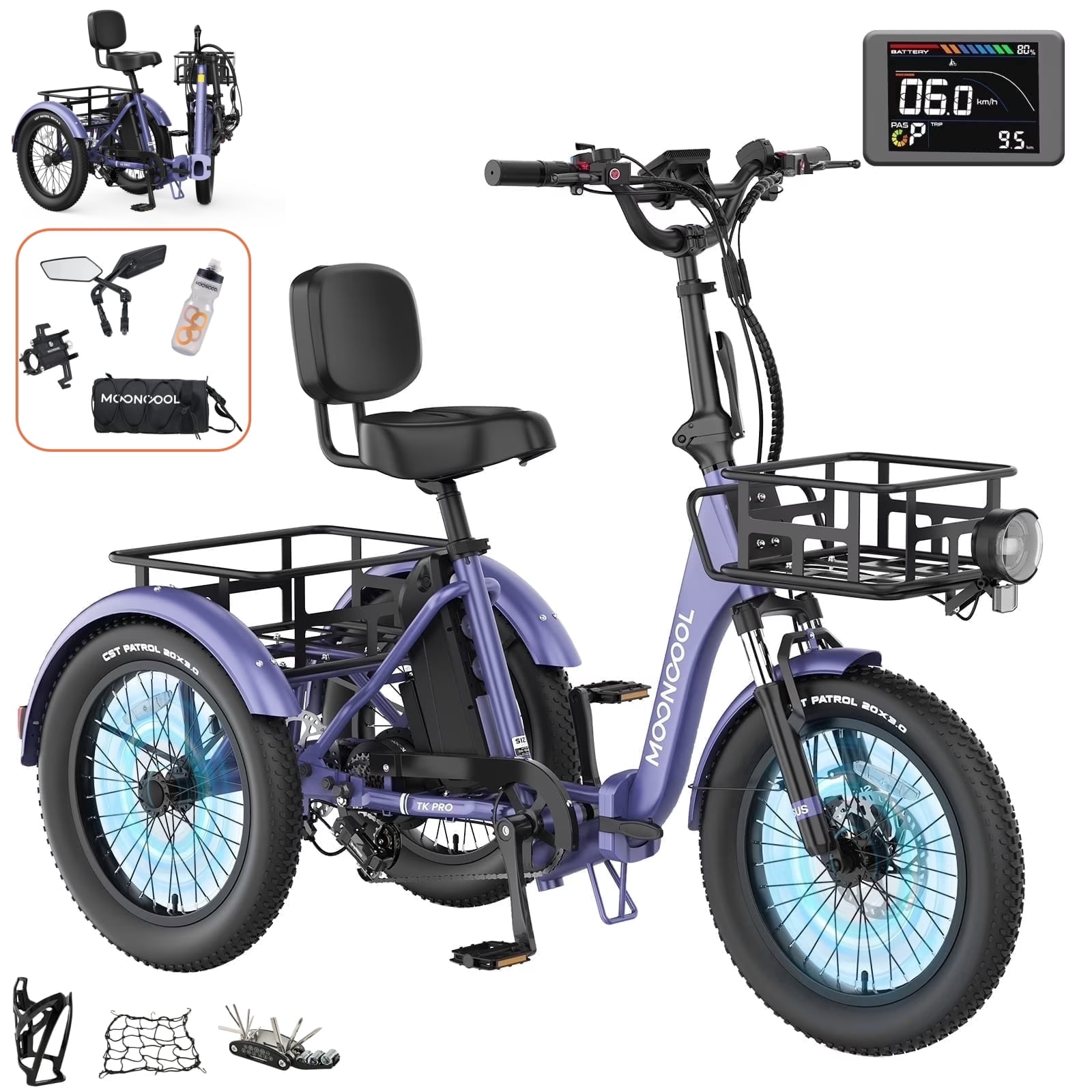 MOONCOOL TK Pro Foldable Electric Tricycle W/ Rearview mirror accessory Kit, 1500W Motor 48V 20Ah Battery, 20" Fat Tire Three Wheel 6-Speed Electric Mountain Bicycle for Adults