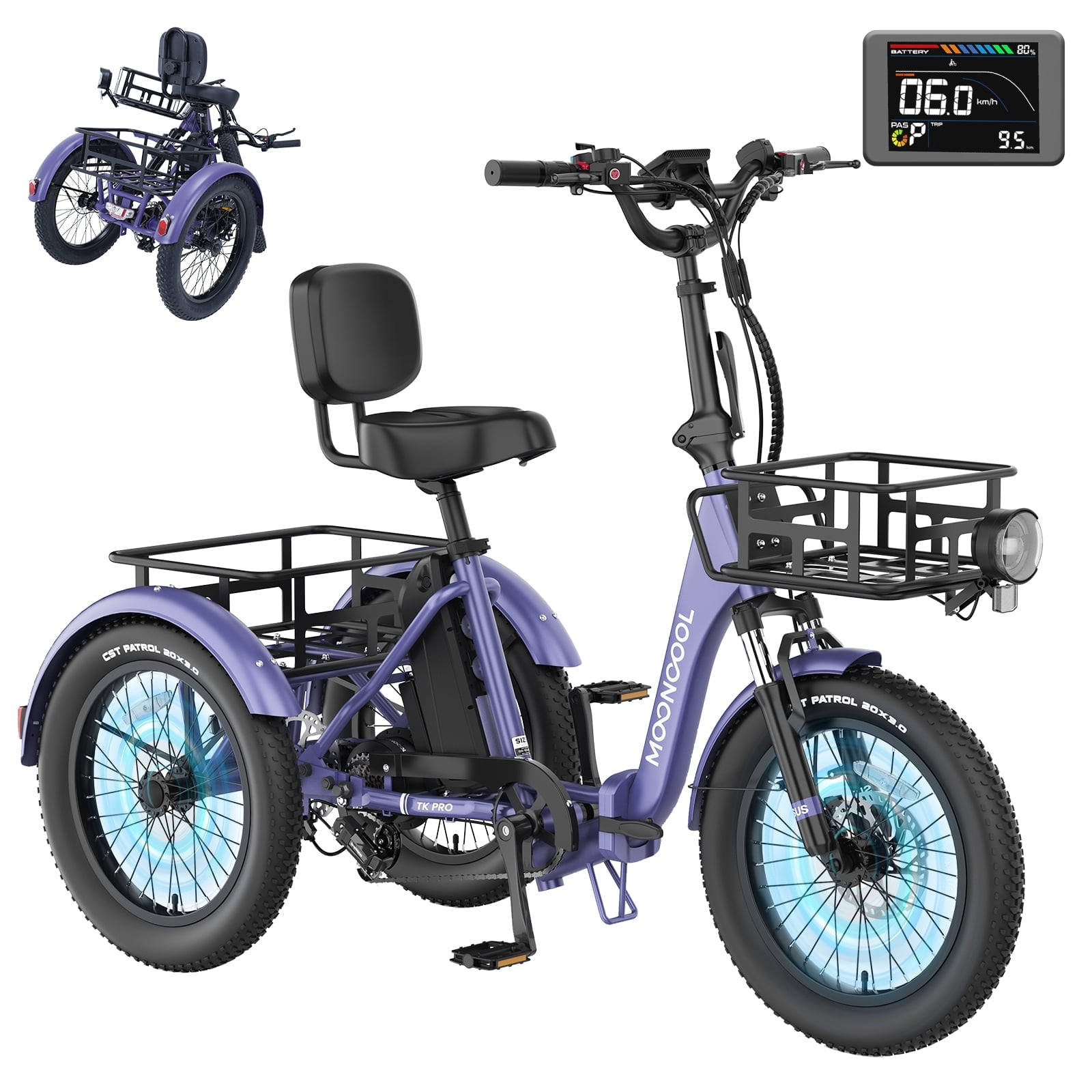 Mooncool TK Pro style folding electric tricycle with front and rear cargo baskets