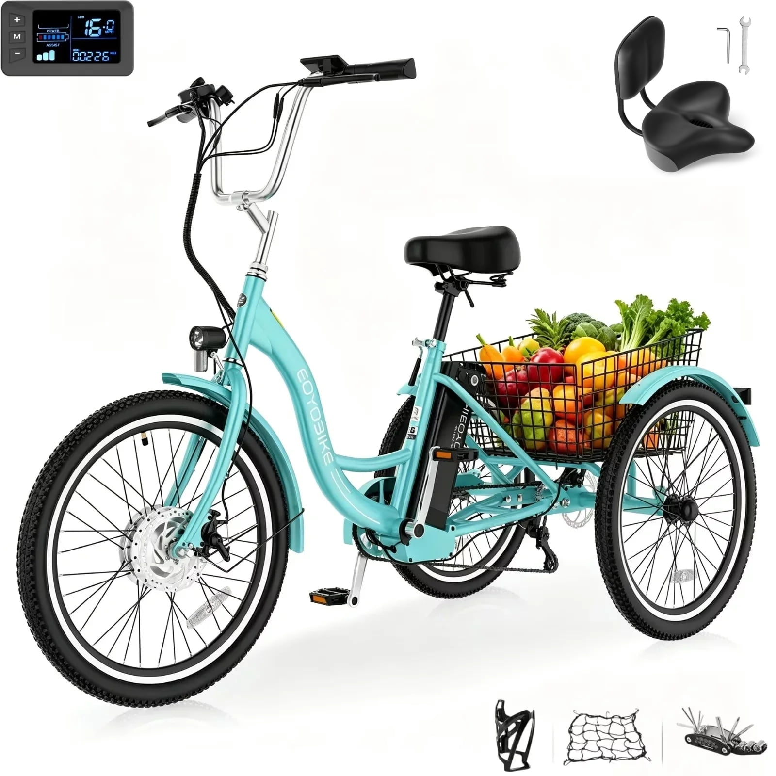 MOONCOOL 24"/26" Adult Electric Tricycle W/ Chain lock, Peak 700W 36V 10.4AH, 7 Speeds Step Through Electric Trike Motorized Three Wheel Electric Bikes w/ Large Basket for Women Men
