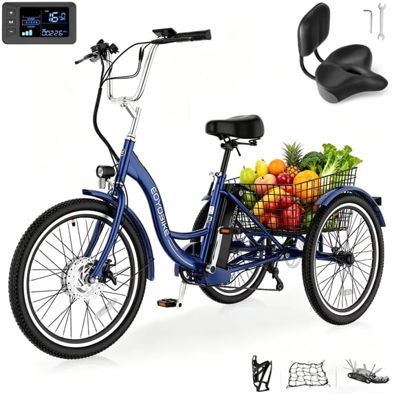 MOONCOOL 24"/26" Adult Electric Tricycle W/ Oversized Backrest Seat,350W (Peak 700W) Motor, 36V 10.4AH Batterry, 7 Speeds Step Through E-trike w/ Large Basket for Women Men,Class 2