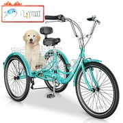 MOONCOOL 24" 26" Adult Tricycle, 7 Speed 3 Wheeled Bikes for Adults, Trike Cruiser Bike w/ Large Basket & Maintenance Tools & Shimano Derailleur & Parking Brake Handle