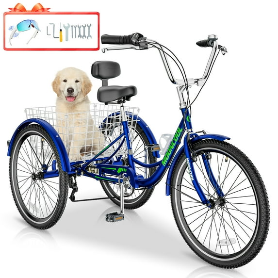 MOONCOOL 24" 26" Adult Tricycle, 7 Speed 3 Wheeled Bikes for Adults, Trike Cruiser Bike w/ Large Basket & Maintenance Tools & Shimano Derailleur & Parking Brake Handle