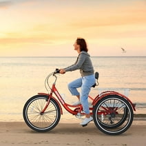 MOONCOOL 24" 26" Adult Tricycle, 7 Speed 3 Wheeled Bikes for Adults, Trike Cruiser Bike w/ Large Basket & Maintenance Tools & Shimano Derailleur & Parking Brake Handle
