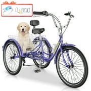 MOONCOOL 24 26 Adult Tricycle, 7 Speed 3 Wheeled Bikes for Adults, Trike Cruiser Bike w/ Large Basket & Maintenance Tools & Shimano Derailleur & Parking Brake Handle