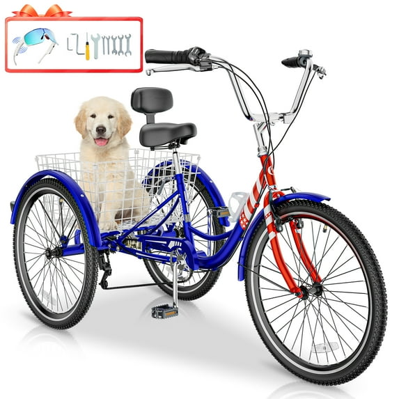 MOONCOOL 24" 26" Adult Tricycle, 7 Speed 3 Wheeled Bikes for Adults, Trike Cruiser Bike w/ Large Basket & Maintenance Tools & Shimano Derailleur & Parking Brake Handle