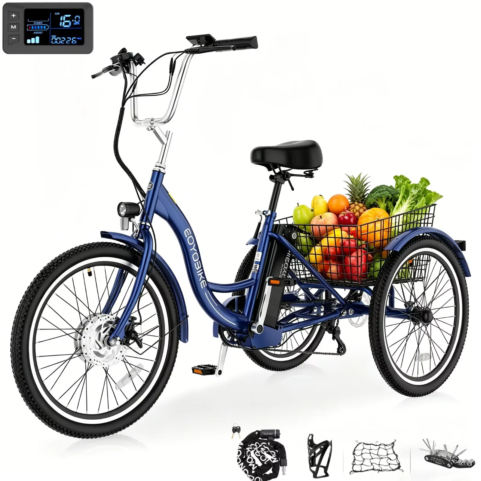 MOONCOOL 24"/26" Adult Electric Tricycle W/ Chain lock, Peak 700W 36V 10.4AH, 7 Speeds Step Through Electric Trike Motorized Three Wheel Electric Bikes w/ Large Basket for Women Men