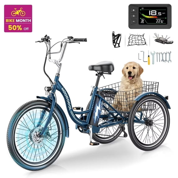 MOONCOOL 24"/26" Electric Tricycle for Adults, 350W 36V 7 Speeds Electric Trike Motorized Three Wheel Electric Bikes Bicycle with Large Basket for Women Men