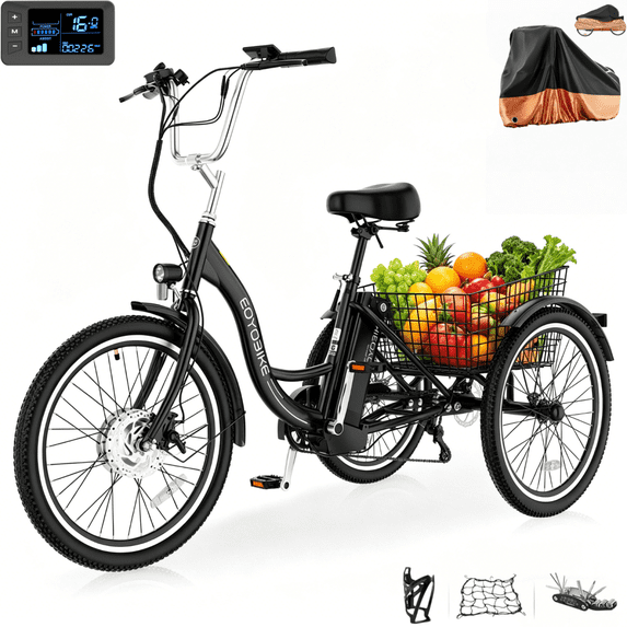 MOONCOOL 24"/26" Adult Electric Tricycle W/ Cover & Assembly Tools, Peak 700W 36V 10.4AH, 7 Speeds Step Through Electric Trike Motorized Three Wheel Electric Bikes w/ Large Basket for Women Men