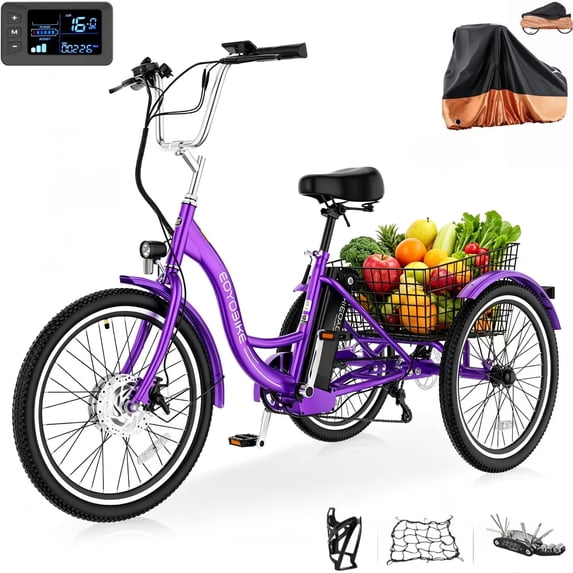 MOONCOOL 24"/26" Adult Electric Tricycle W/ Cover & Assembly Tools, Peak 700W 36V 10.4AH, 7 Speeds Step Through Electric Trike Motorized Three Wheel Electric Bikes w/ Large Basket for Women Men