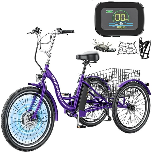 MOONCOOL 24"/26" Electric Tricycle for Adults, 350W 36V 7 Speeds Electric Trike Motorized Three Wheel Electric Bikes Bicycle with Large Basket for Women Men, Certified to UL 2849 by SGS