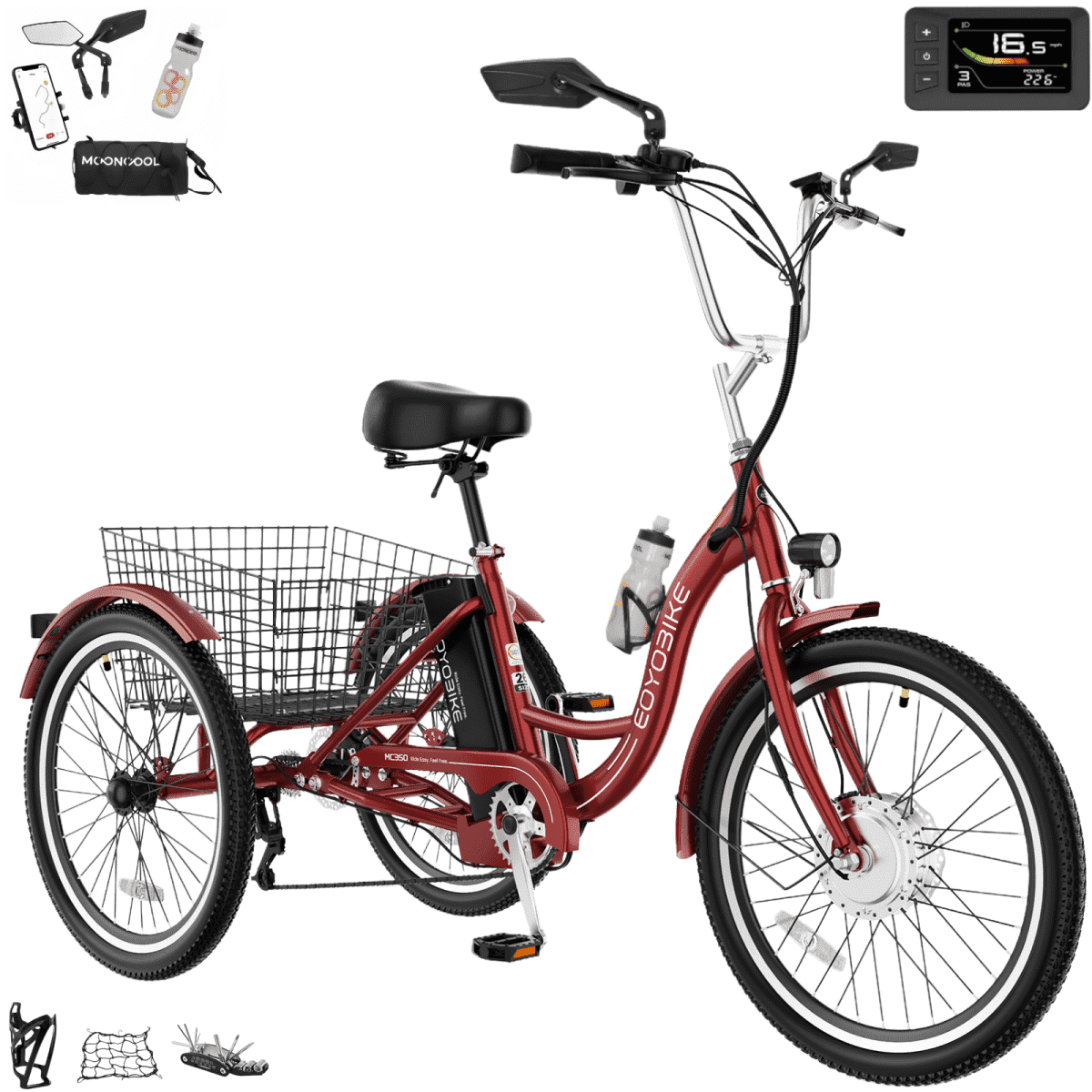 MOONCOOL Electric Trike for Adults w/ Rearview Mirror kit, 700W Peak Motor 10.4Ah battery，24"/26" 7 Speeds 3 Wheels Low Step Through Unisex Electric Trikes，35-60Miles