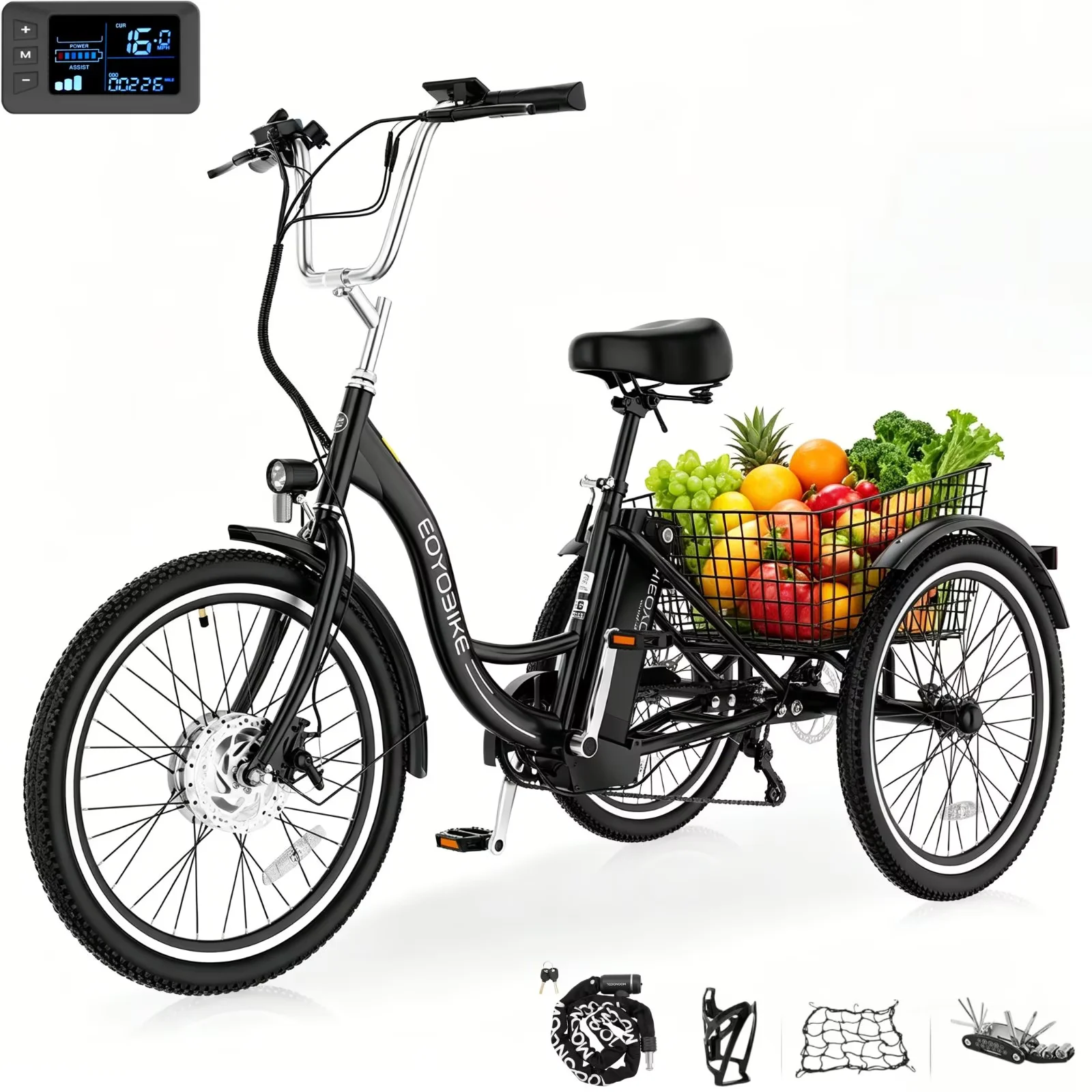 MOONCOOL 24"/26" Adult Electric Tricycle W/ Chain lock, Peak 700W 36V 10.4AH, 7 Speeds Step Through Electric Trike Motorized Three Wheel Electric Bikes w/ Large Basket for Women Men