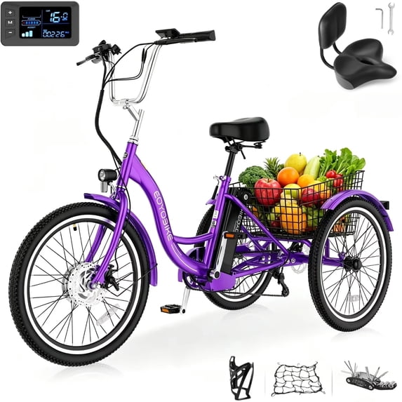 MOONCOOL 24"/26" Adult Electric Tricycle W/ Chain lock, Peak 700W 36V 10.4AH, 7 Speeds Step Through Electric Trike Motorized Three Wheel Electric Bikes w/ Large Basket for Women Men