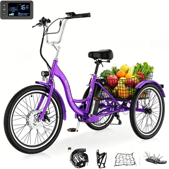 MOONCOOL 24"/26" Adult Electric Tricycle W/ Chain lock, Peak 700W 36V 10.4AH, 7 Speeds Step Through Electric Trike Motorized Three Wheel Electric Bikes w/ Large Basket for Women Men