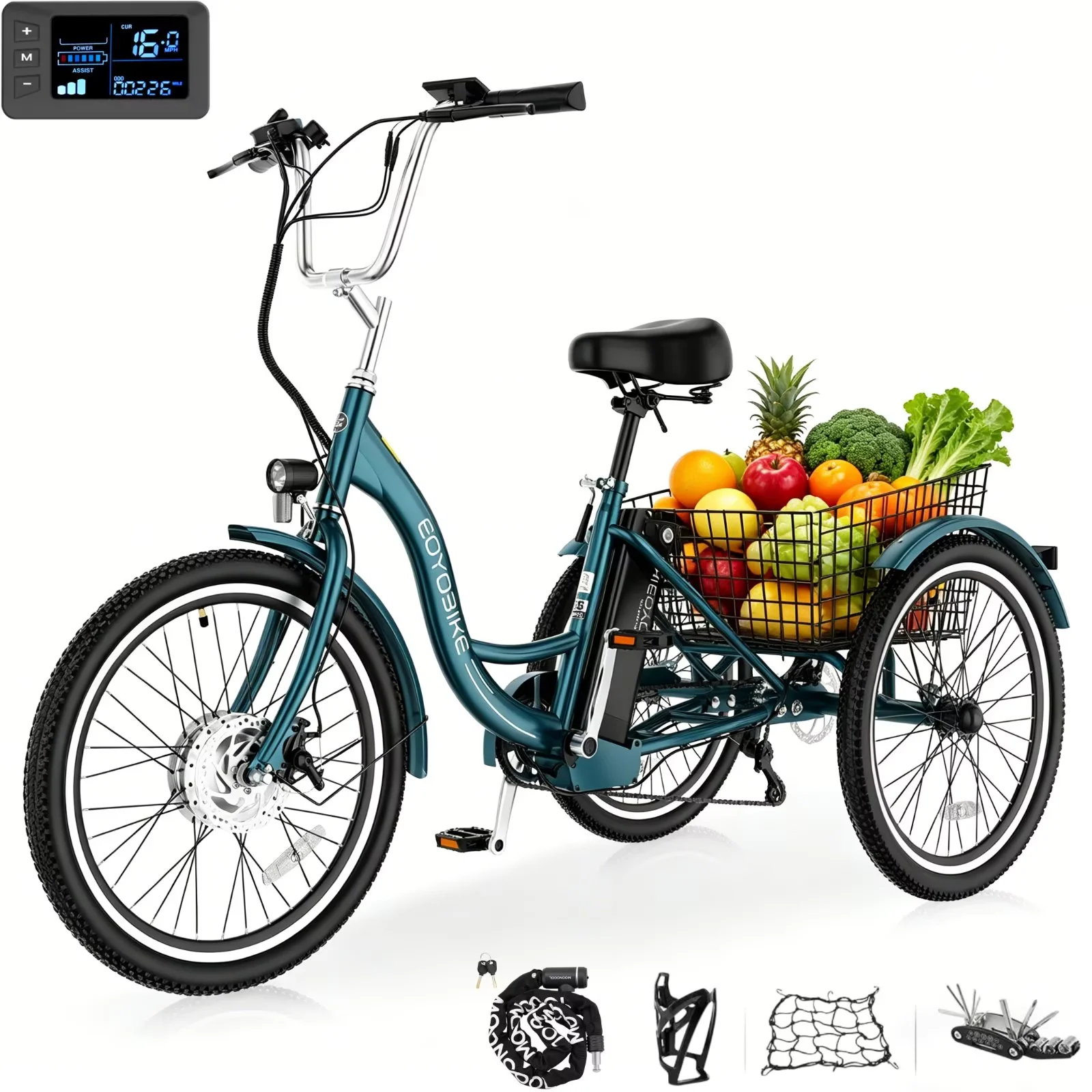 MOONCOOL 24"/26" Adult Electric Tricycle W/ Chain lock, Peak 700W 36V 10.4AH, 7 Speeds Step Through Electric Trike Motorized Three Wheel Electric Bikes w/ Large Basket for Women Men