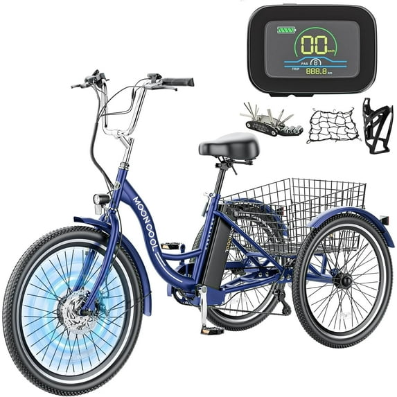 MOONCOOL 24"/26" Electric Tricycle for Adults, 350W 36V 7 Speeds Electric Trike Motorized Three Wheel Electric Bikes Bicycle with Large Basket for Women Men